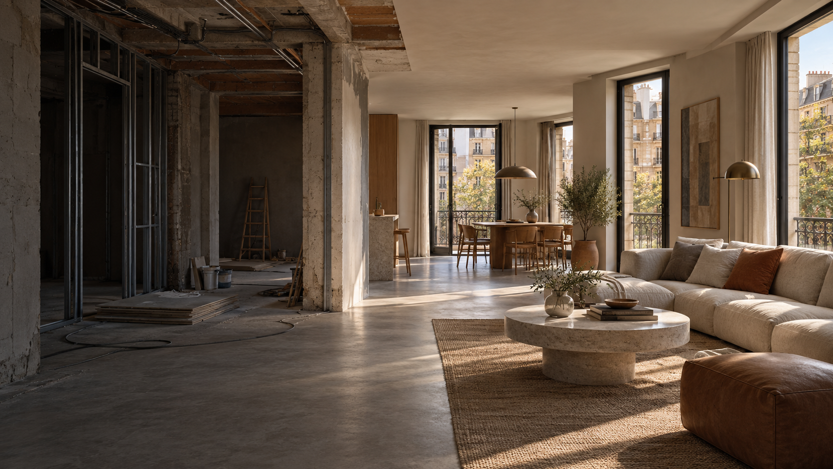 Interior de una vivienda durante y después de una reforma integral